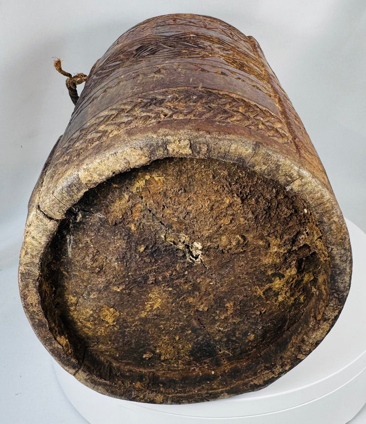 Himalayan ethnographic artifact with geometric ornamentation, aged patina, and utilitarian form
