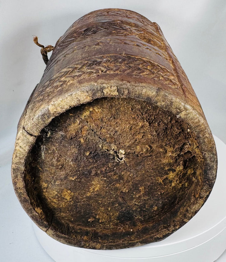 Himalayan ethnographic artifact with geometric ornamentation, aged patina, and utilitarian form