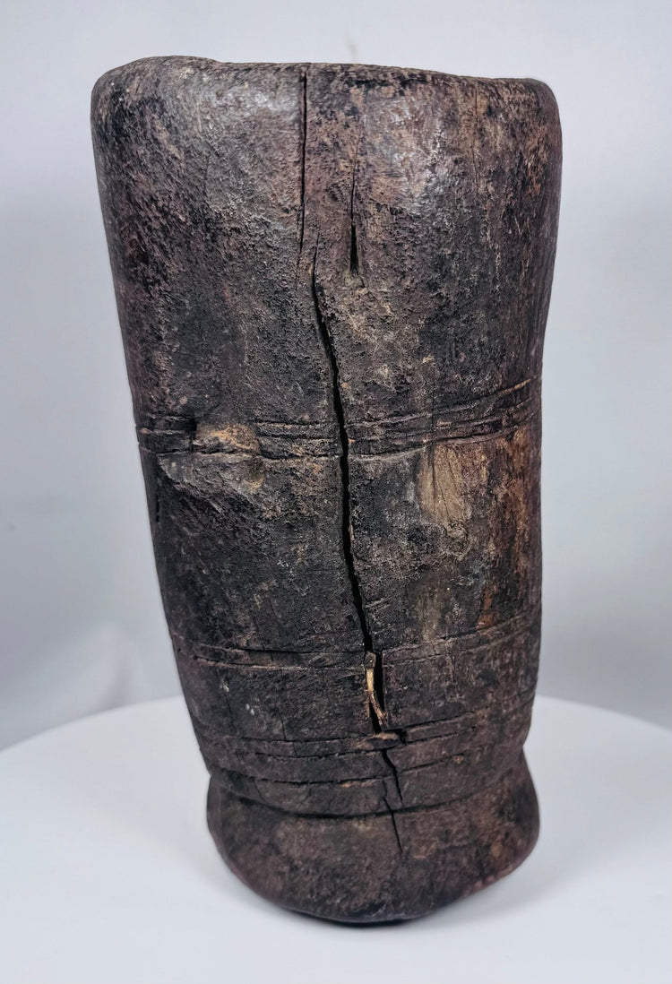 Antique ethnographic wooden yak milk container from Tibet or Nepal with rich aged patina
