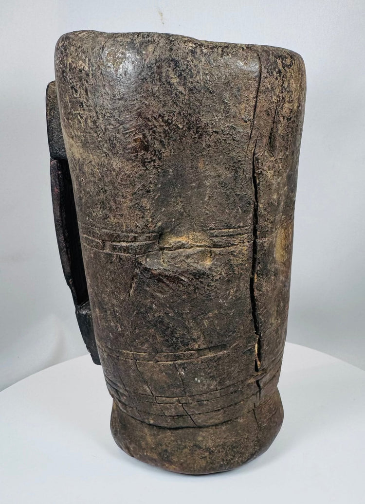 Antique tribal wooden storage vessel from the Himalayan region with sculptural rustic appearance