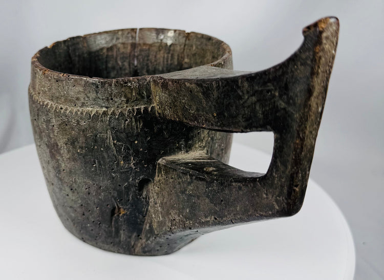 Rustic ceremonial wooden vessel from Tibet or Nepal with strong sculptural presence