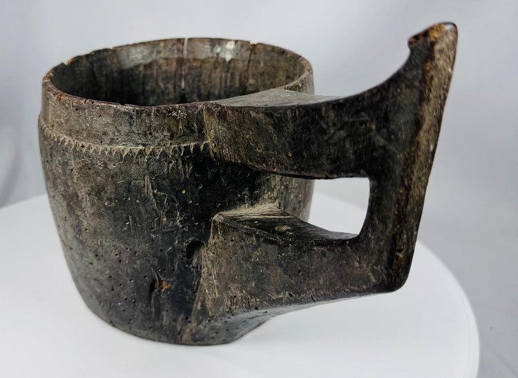 Rustic ceremonial wooden vessel from Tibet or Nepal with strong sculptural presence