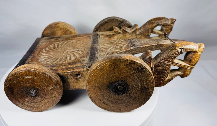 Hand-carved hardwood ritual cart from South Asia with original iron hardware