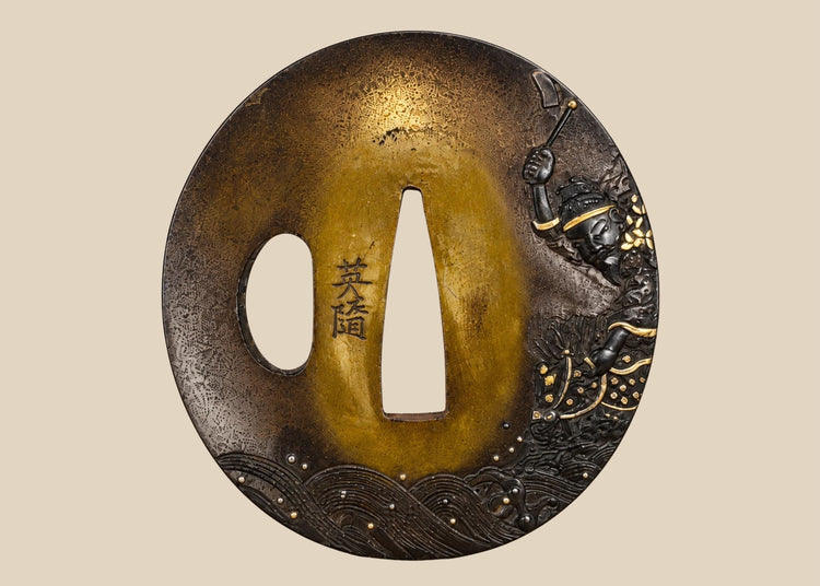 Antique Japanese Eizui tsuba circa 1840 with mounted warrior design, Mitsukoshi receipt and original identification card