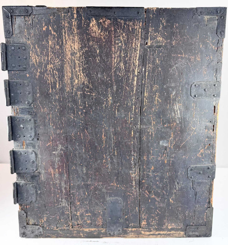 Rear view of Edo period funa tansu showing worn kiri wood panels, iron reinforcement and extensive historic patina