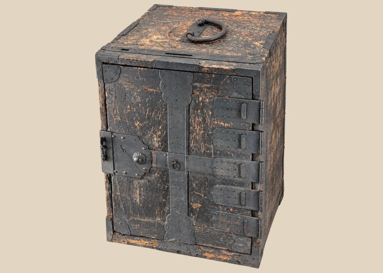 Antique Japanese Kiri Wood Ship Chest with Iron Corner Plates
