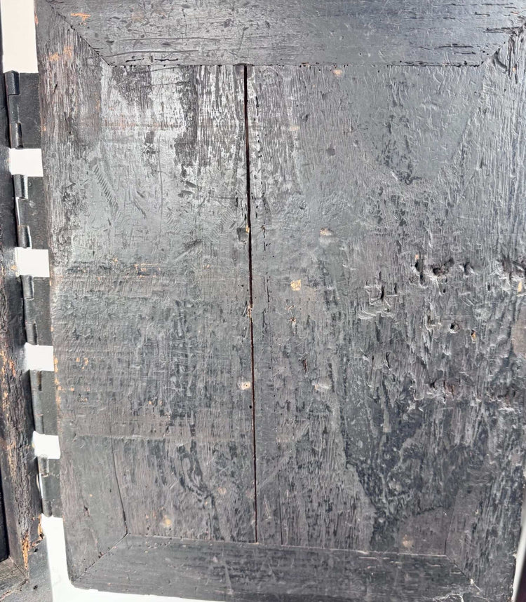 Distressed Black Paulownia Wood Grain Detail on Antique Chest