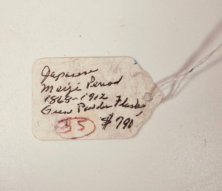 Original handwritten collector tag identifying the Japanese Meiji period 1868–1912 gunpowder flask with former price notation