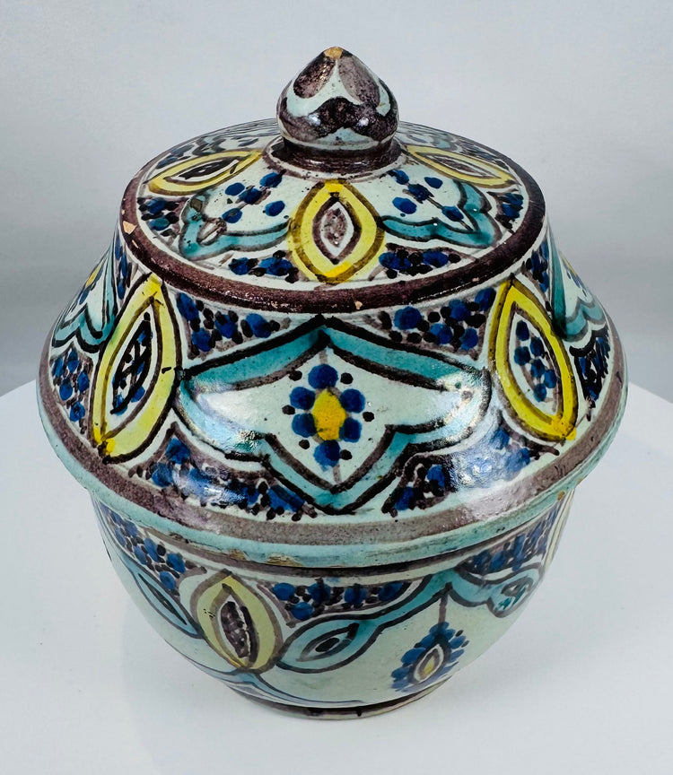 Fes pottery vessel with cobalt blue, yellow, turquoise, and manganese decoration