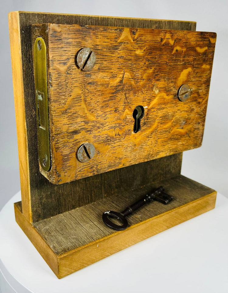 19th century wooden mortise lock mechanism with iron key and hardware