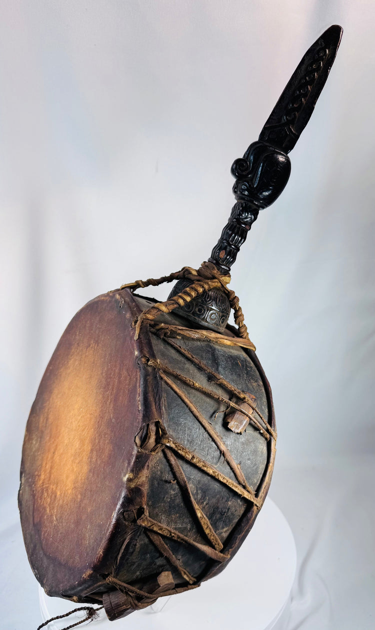 Traditional Jhankri Dhyāngro drum from Nepal with original hide drumheads and ceremonial construction.