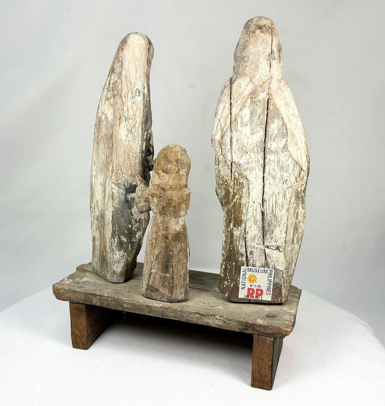 Hand-carved Spanish Colonial religious figures of Mary, Joseph, and Christ Child