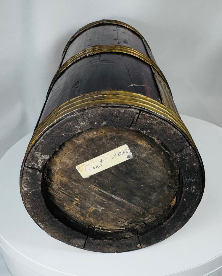 Antique Tibetan utility container used for storing grains, tea, butter, or household goods.