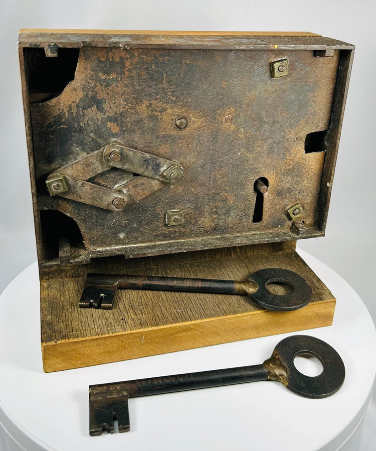 Antique iron door lock with mechanical components and aged surface