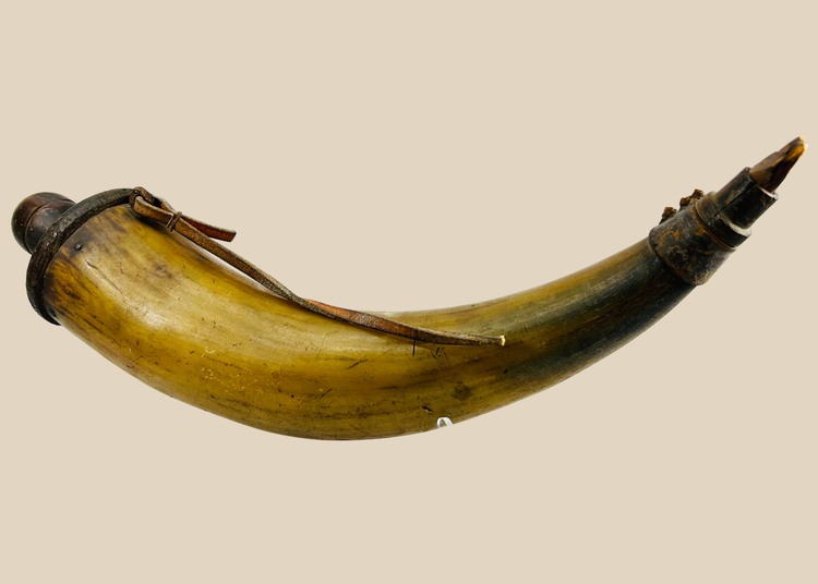 Antique late 18th to early 19th century black powder horn with wooden base and strap remnants