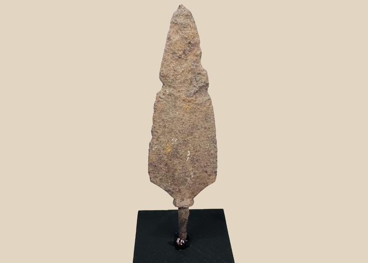 Ancient Roman to medieval hand-forged iron spearhead with broad leaf-shaped blade