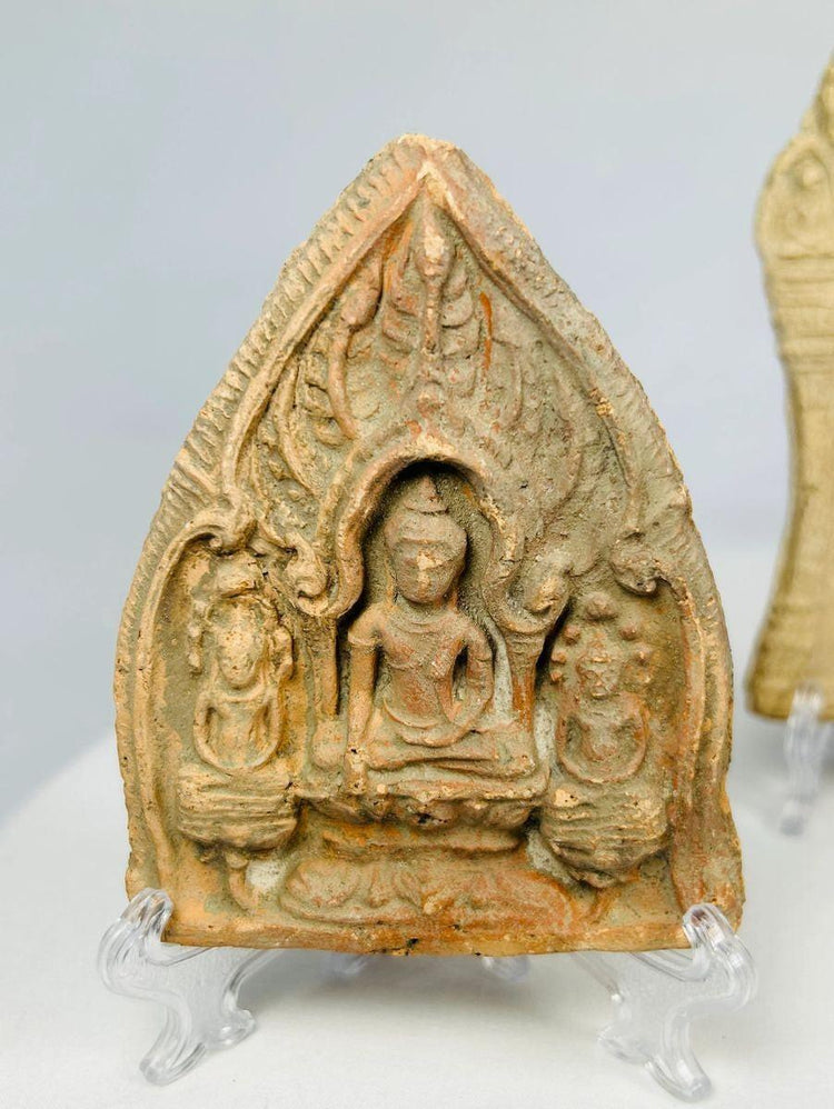 Collection of Southeast Asian terracotta Buddhist plaques, 14th–18th century CE, depicting Buddha and Bodhisattvas with floral and architectural motifs.