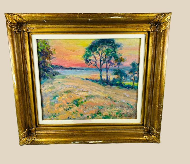 Original oil on panel painting depicting the rugged coastline of Black Rock, Bay of Fundy, Nova Scotia, with impressionistic brushwork, vibrant skies, and coastal landscape; framed in a gold wooden frame, signed in lower right by artist “Guy.”