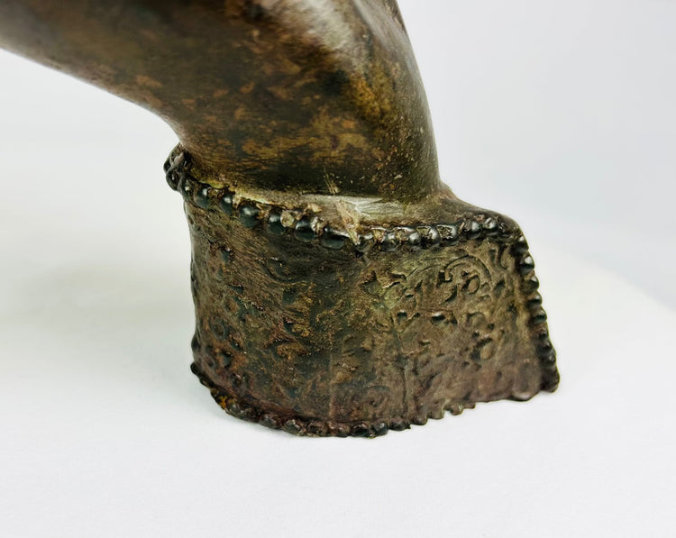 Southeast Asian bronze Buddha hand fragment, Abhaya gesture, 1700s–1800s devotional sculpture.