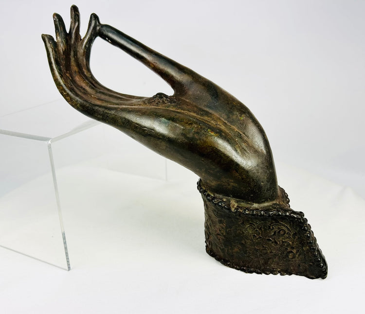 Northern Thailand bronze Buddhist hand sculpture, 18th–19th century, chakra mark on palm.
