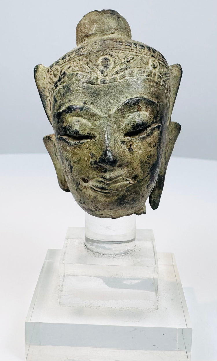Antique Thai or Burmese crowned Buddha head with engraved headdress and serene expression