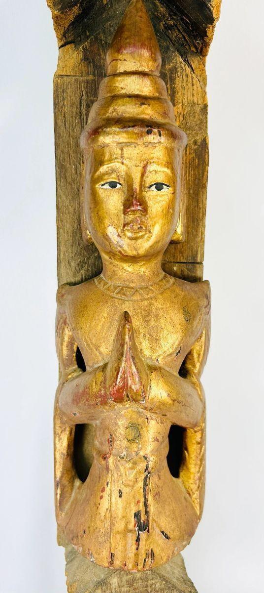 Antique Burmese temple finial carved in hardwood with gilded Buddha figure, Myanmar, late 19th–early 20th century