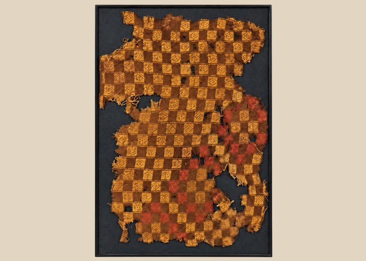 Chancay textile fragment from coastal Peru, circa 1000–1470 CE, finely woven cotton with vibrant checkerboard motif in natural dyes.