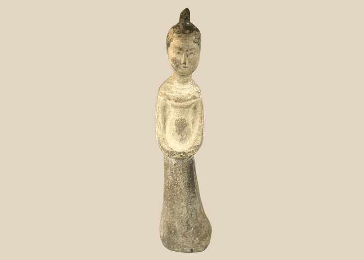 Chinese Tang style pottery attendant figure with folded hands and aged surface