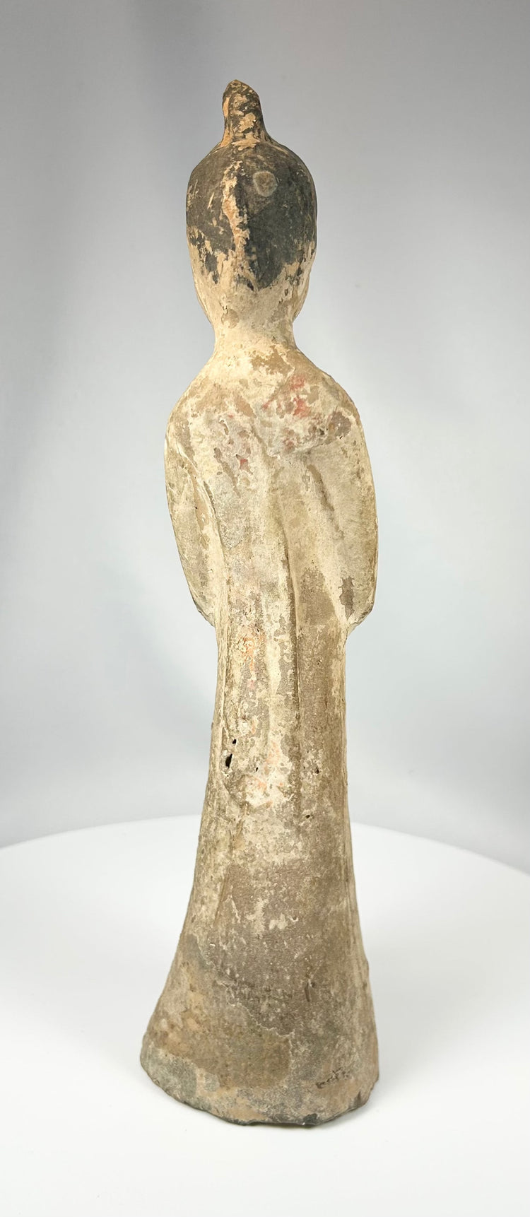 Vintage Chinese Tang style pottery figure with hollow construction and patina