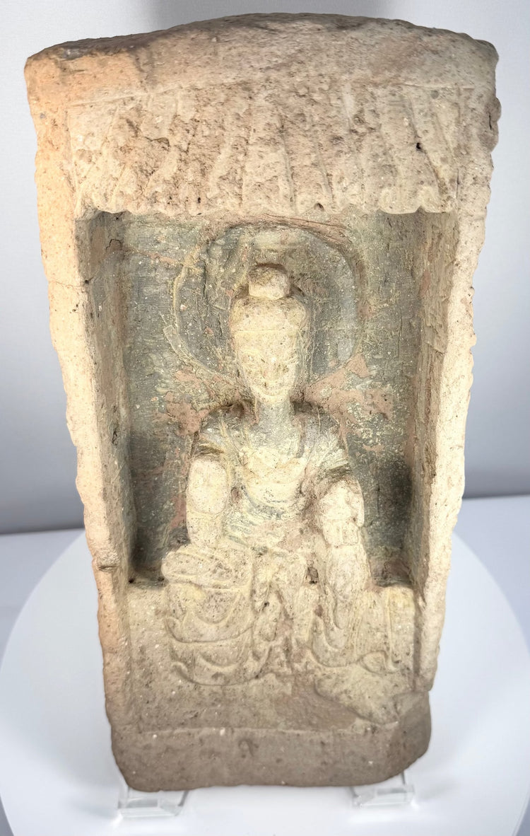 Northern Wei Dynasty earthenware brick with deeply carved Buddhist shrine composition and archaeological patina