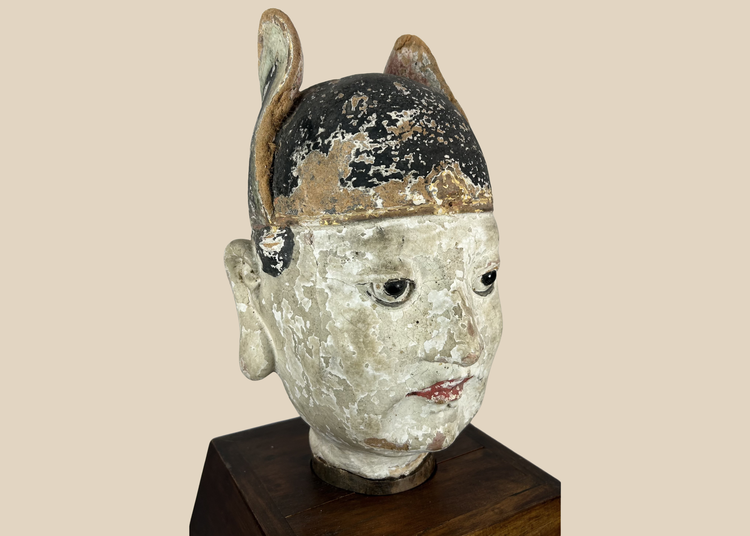Chinese painted terracotta bust of a court official with traditional ceremonial hat.