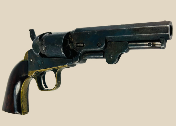 Mid-19th century Colt Model 1849 Pocket Revolver, .31 caliber five-shot percussion cylinder with worn stagecoach robbery engraving, 4-inch octagonal barrel, blued steel frame, brass trigger guard and backstrap, original walnut grip, Hartford, Connecticut, 1859, antique collectible firearm