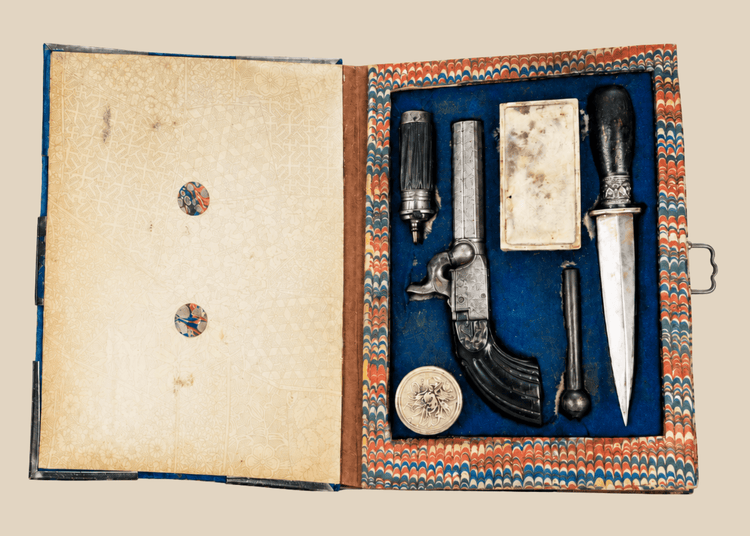 Rare 19th-century Continental European concealed gentleman’s weapon set disguised as velvet book case