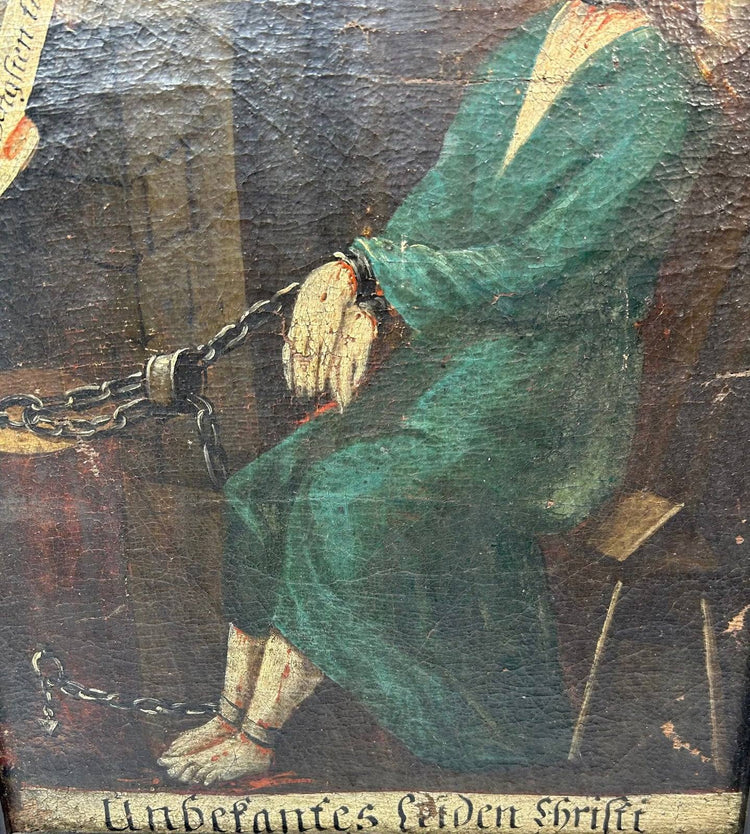 historic Christian Passion scene painting with German inscription
