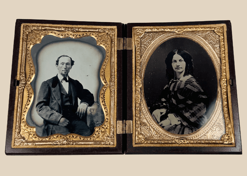 Double quarter-plate ambrotype portraits in an ornate thermoplastic union cas