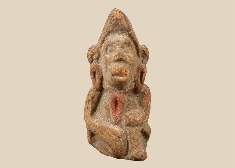 Early Historic terracotta shrine figurine with elongated headdress and red pigment traces