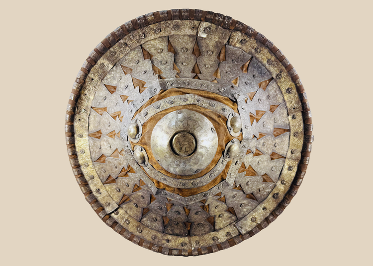 Antique Ethiopian Ras shield with velvet covering and ornate silvered metal mounts