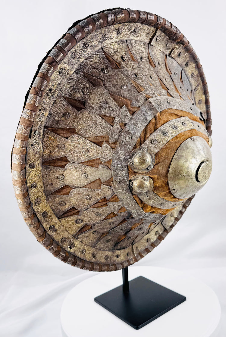 Ethiopian court shield with spearhead-shaped mounts and interlacing engraved patterns