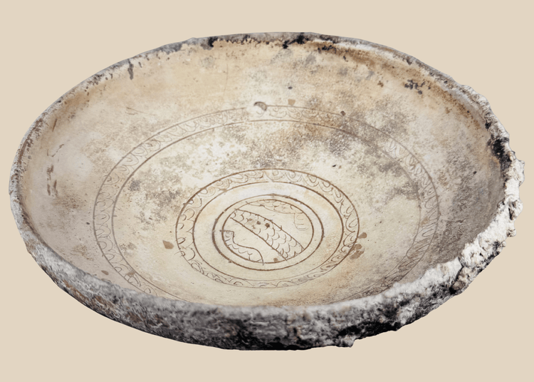 Authentic Byzantine sgraffito slipware bowl from the Eastern Mediterranean dating to the 10th–14th century CE.