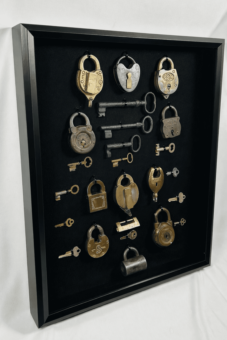 Antique locks and keys display showcasing early security mechanisms from the industrial era