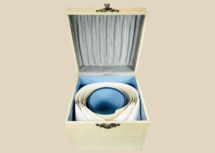 Edwardian collar box with embossed floral design and detachable linen collars