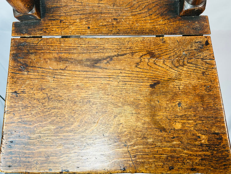 Early country made oak chair with tall splat back and hand turned legs