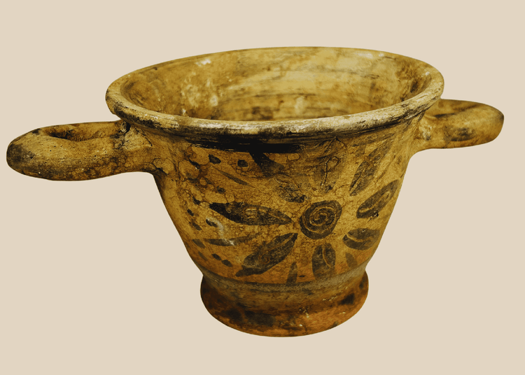 Ancient Etruscan terracotta skyphos with radial rosette decoration