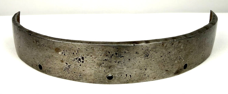 17th century European forged steel armor band with weathered texture and mounting holes