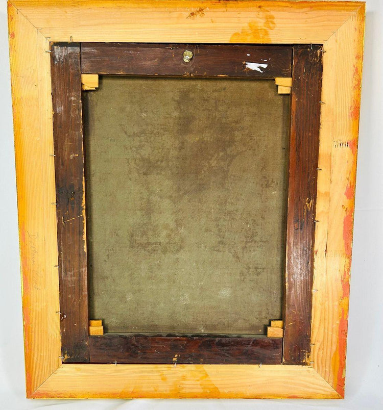 Back view of 18th century European oil painting of Jesus Christ with Crown of Thorns, showing aged canvas and original wooden stretcher frame.