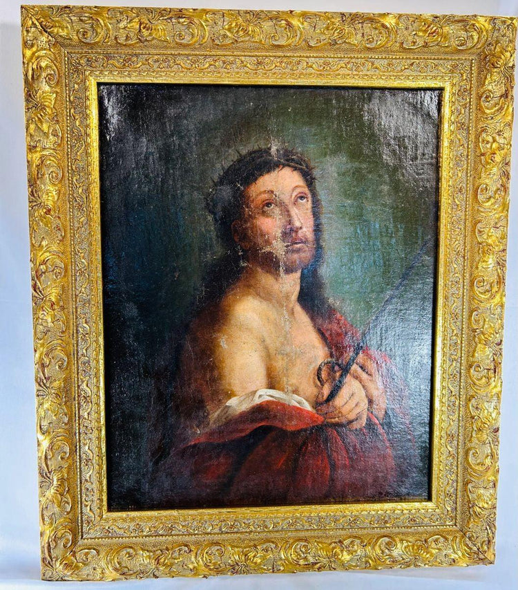 18th-century European oil painting of Jesus Christ crowned with thorns, in crimson drapery with ornate gilt frame.