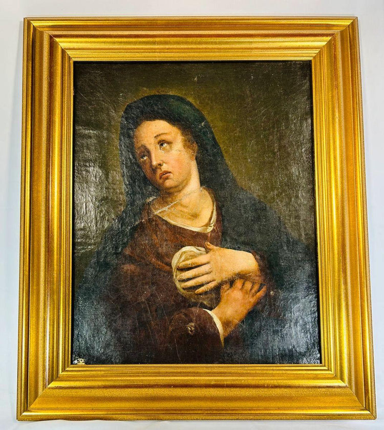 18th-century European oil painting of the Virgin Mary, shown in sorrowful devotion with upward gaze, red garment, dark mantle, and chiaroscuro background.