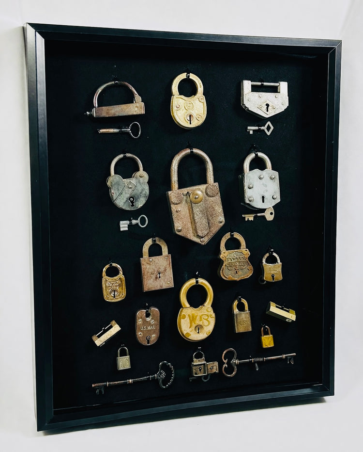 Antique locks and keys shadow box with industrial and historical character