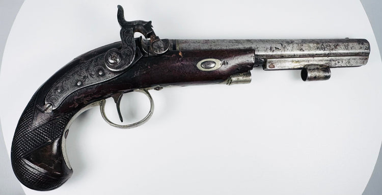 Antique Fenton of London percussion pistol with engraved steel barrel and walnut stock, 19th century
