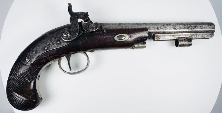 Antique Fenton of London percussion pistol with engraved steel barrel and walnut stock, 19th century